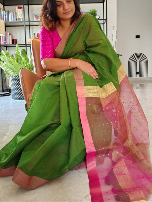 Panna Raaga - Green and Pink Pure Handloom Mark Cotton silk saree