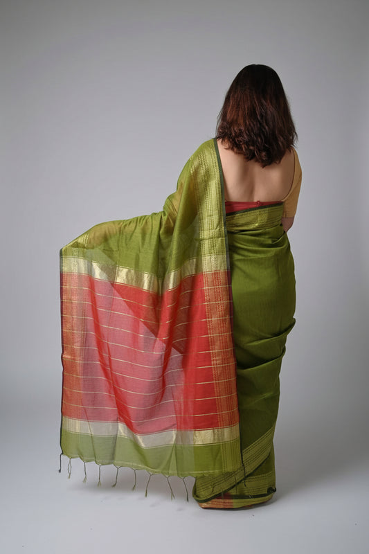 Haritima - Green and Maroon Handloom Cotton Silk Saree