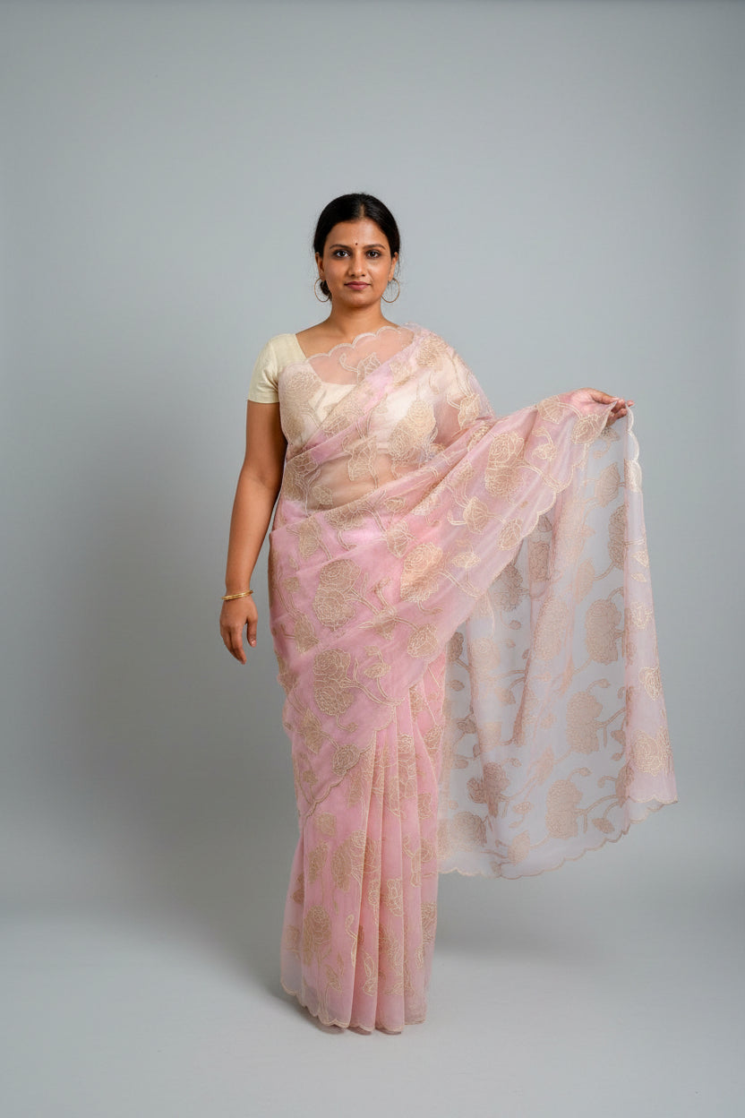 Tissue appliqué work on Gulbahaar organza saree