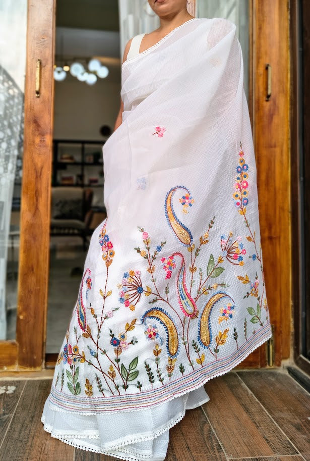 Chitralekha | Ivory Hand-Painted & Hand-Embroidered Kota Cotton Saree