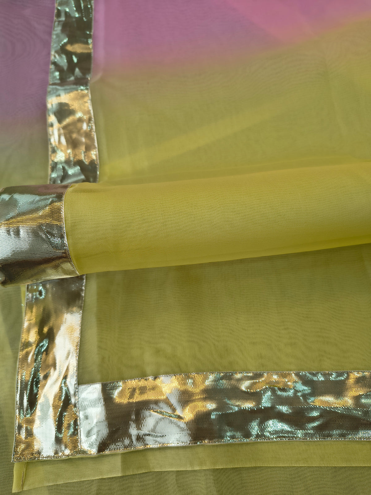 Pink and yellow Silk Mark certified organza silk saree with Gota Patti edging