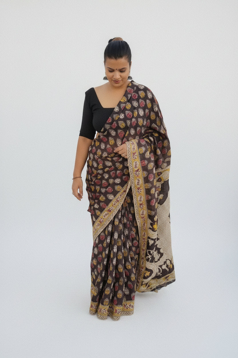 Bodhika | Black Buddha Handblock Kalamkari Pure Cotton Saree