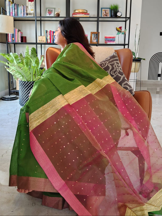 Panna Raaga - Green and Pink Pure Handloom Mark Cotton silk saree
