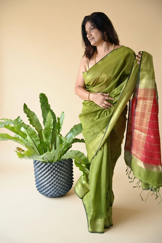 Haritima - Green and Maroon Handloom Cotton Silk Saree