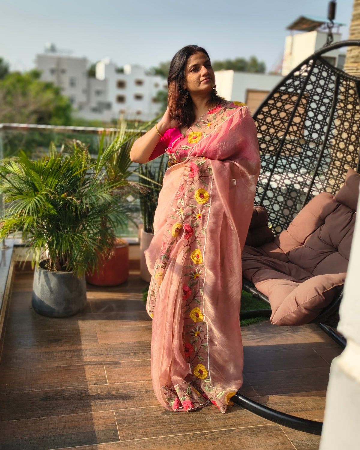 Gulnaar | Onion Pink Semi Tissue Embroidered Saree