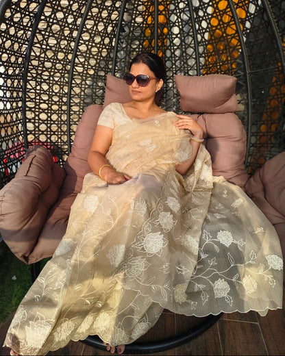 Hemangi | Golden Beige Kota Silk Embroidered Saree