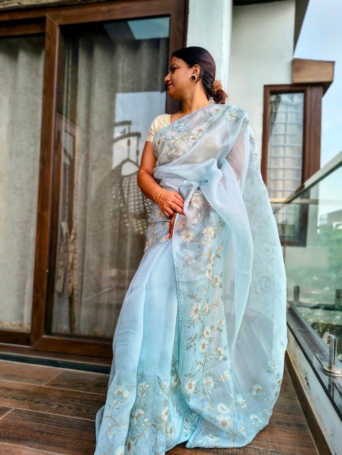 Vaidehi | Powder Blue Pure Organza Silk Embroidered Saree