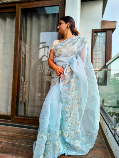 Vaidehi | Powder Blue Pure Organza Silk Embroidered Saree