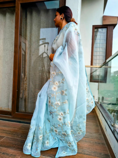 Vaidehi | Powder Blue Pure Organza Silk Embroidered Saree