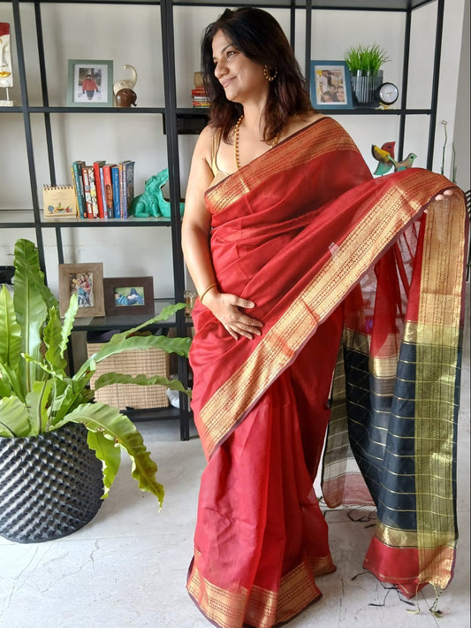 Mrinalika- Maroon and Black Cotton Silk Handloom Saree