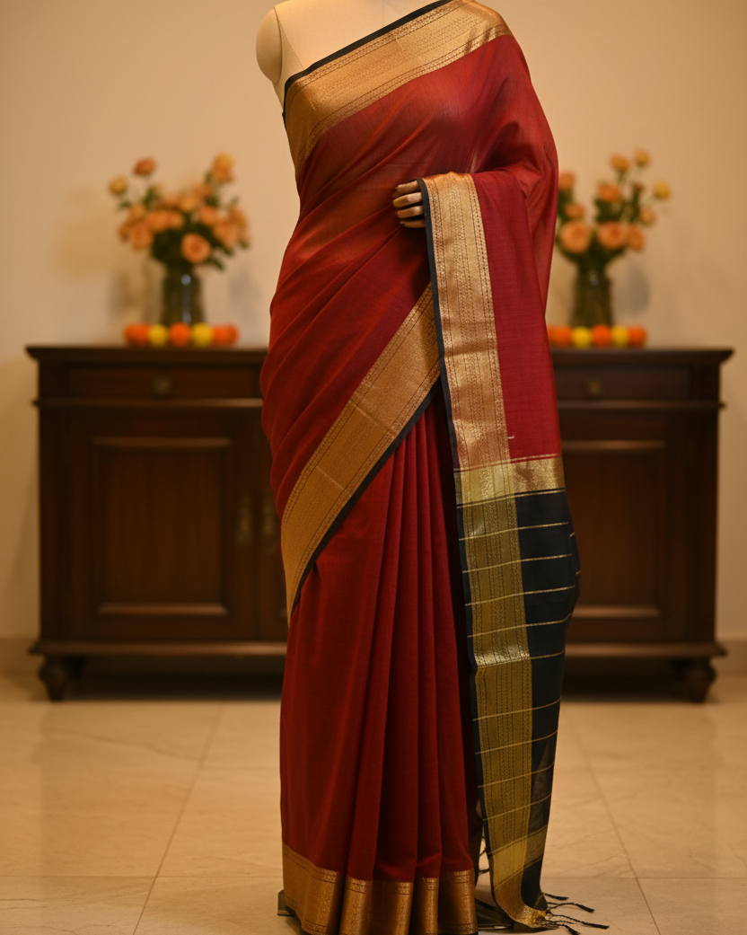 Gold zari striped border on Mrinalika cotton silk saree